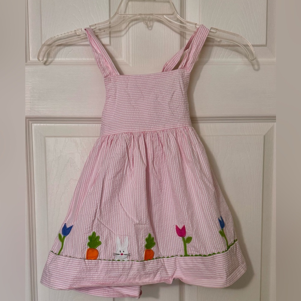 Florence Eiseman White & Pink Easter Seersucker Dress-bunny, carrots, & tulips